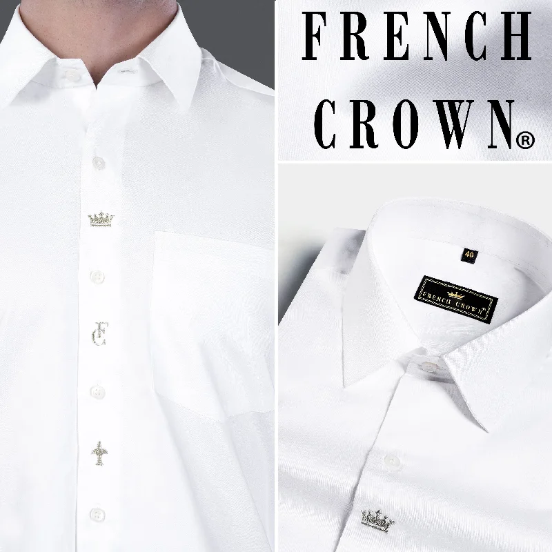 Bright White French Crown Elements Embroidered Subtle Sheen Super Soft Premium Cotton Designer Shirt