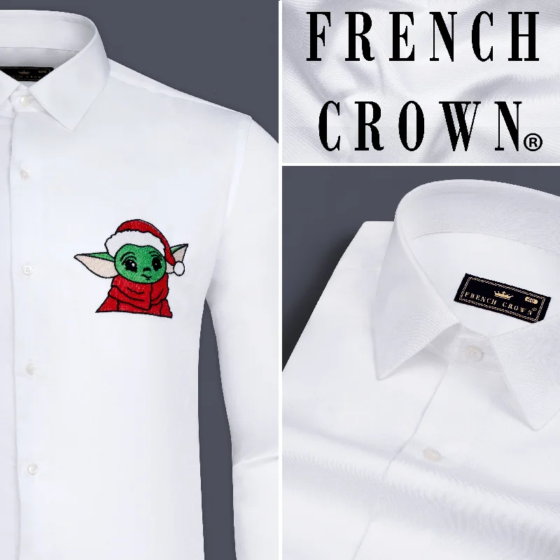 Bright White Christmas Goblin Embroidered Subtle Sheen Super Soft Premium Cotton Designer Shirt