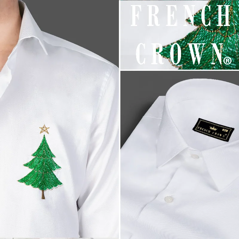 Bright White Christmas Tree Embroidered Subtle Sheen Super Soft Premium Cotton Designer Shirt