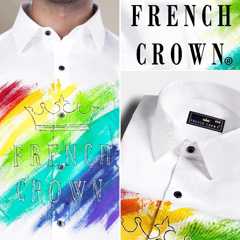 Bright White Multicolour with French Crown Hand Painted Subtle Sheen Super Soft Premium Cotton Designer Shirt