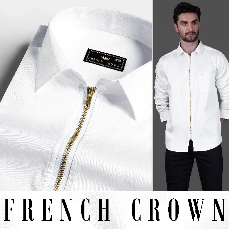 Bright White Subtle Sheen Zipper Closure Premium Cotton Shirt