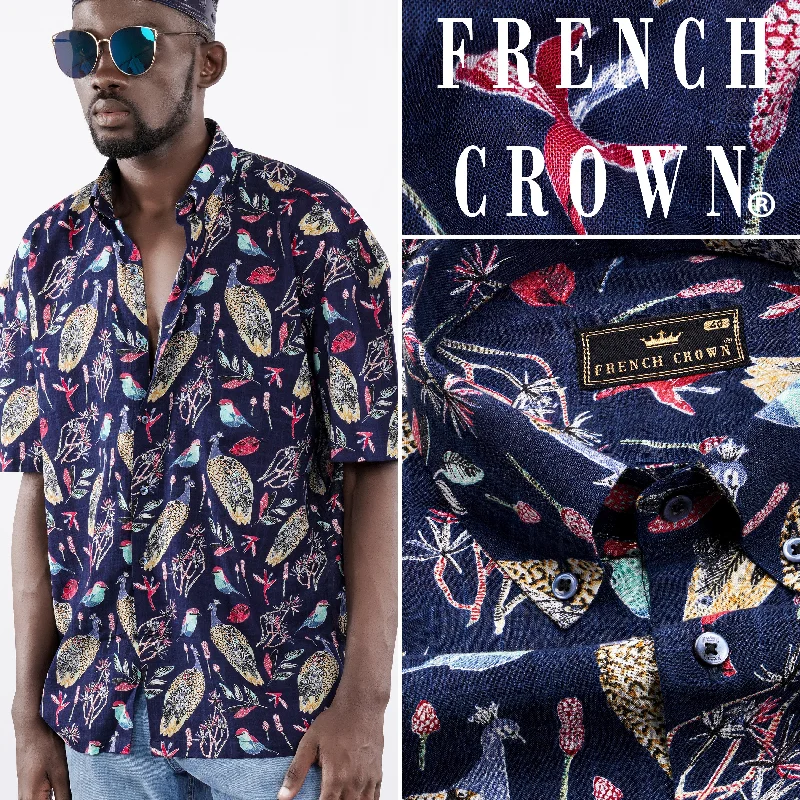 Haiti Navy Blue Peacock Printed Lightweight Premium Cotton Oversized Shirt