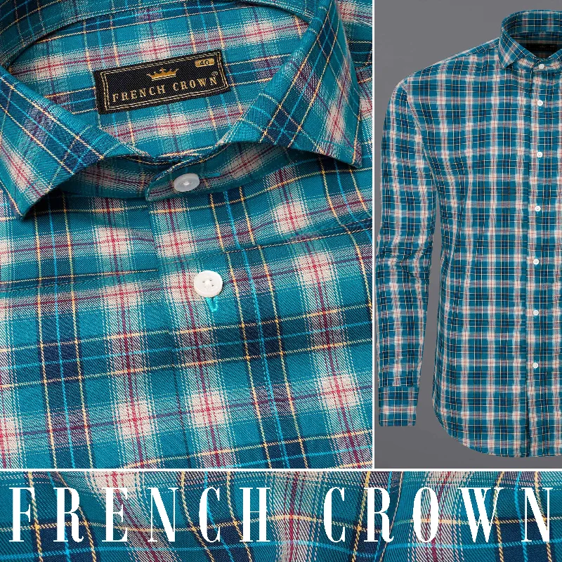 Ocean Blue Twill Plaid Premium Cotton Shirt