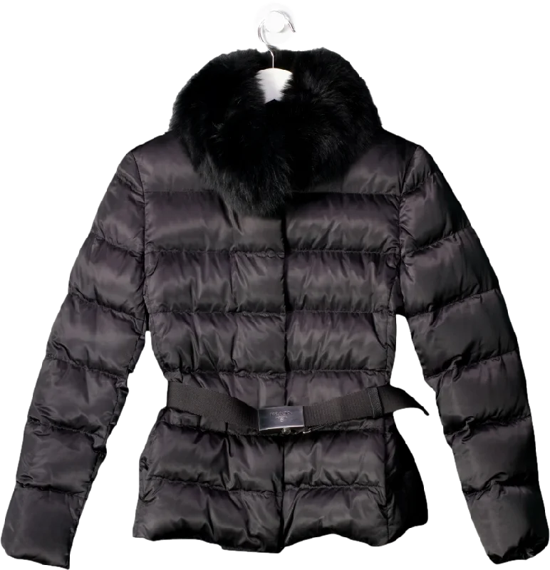 Prada Black Down Jacket With Fur Collar UK 6