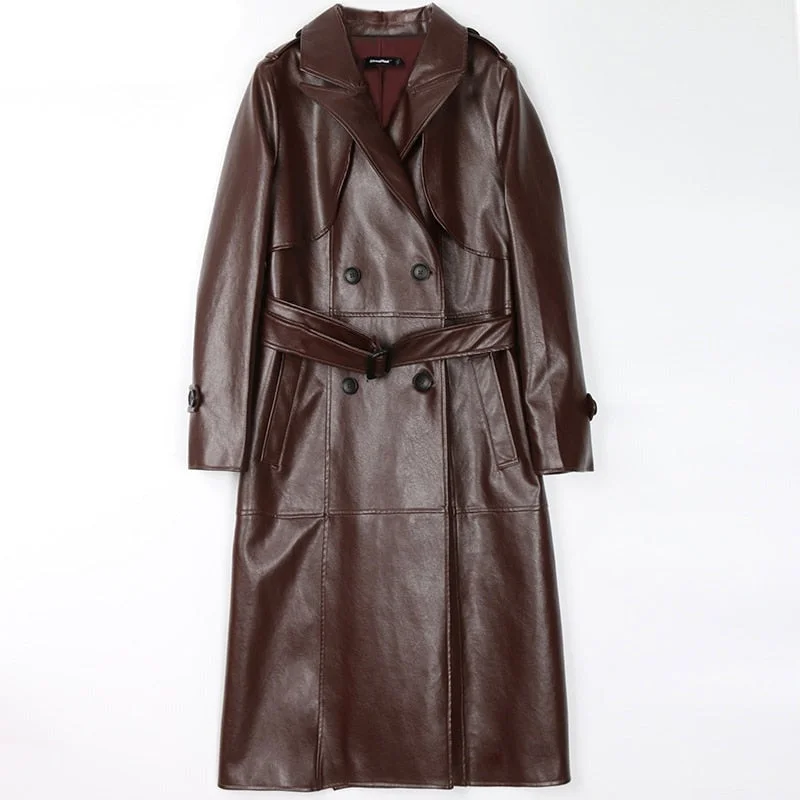 Women's PU Leather Trench Coat Fashion Designer Jackets (Plus Size)