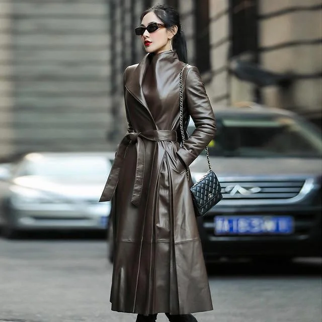 Women's Faux Leather Trench Coat Fashion Designer Nerazzurri Jackets (Plus Size)